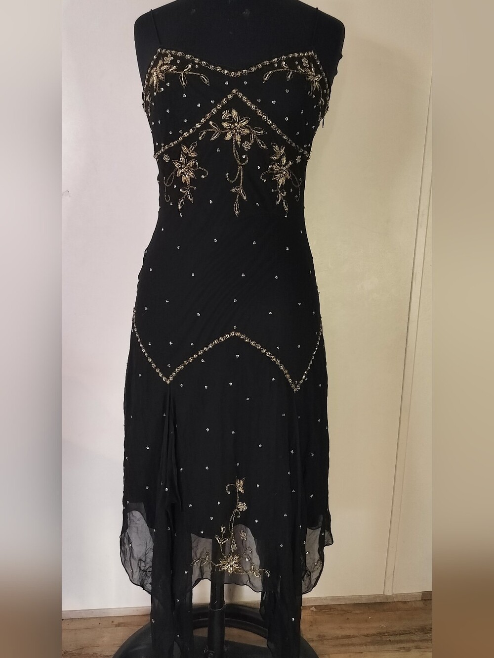 MARINA Black Strapless Beaded Evening Dress with Gold Embroidery